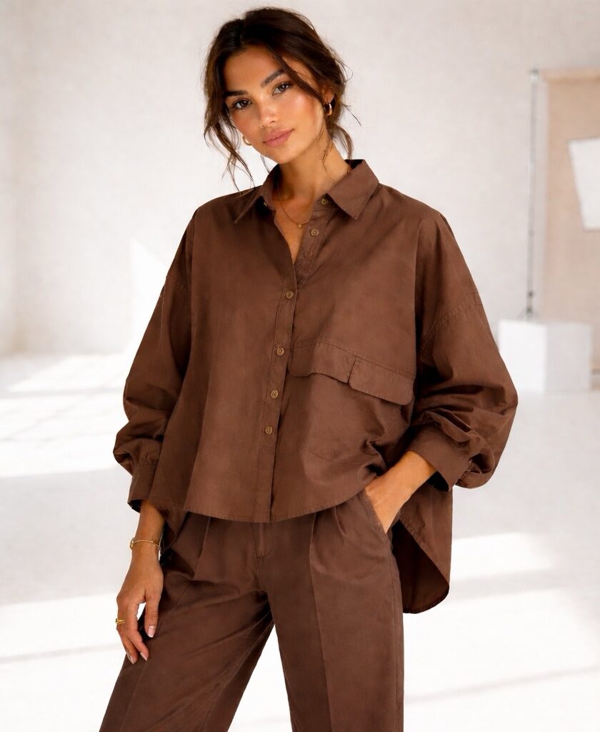 Blouse bruin met zakken.