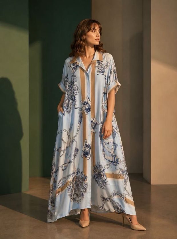 Print dress light blue camel viscose /silk