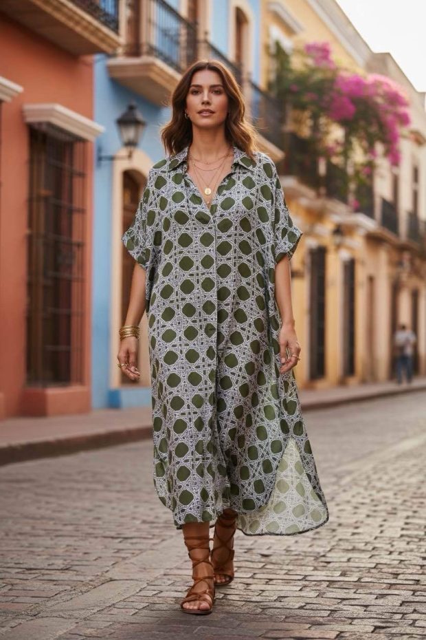Print dress army green viscose 80% silk 20% one-size