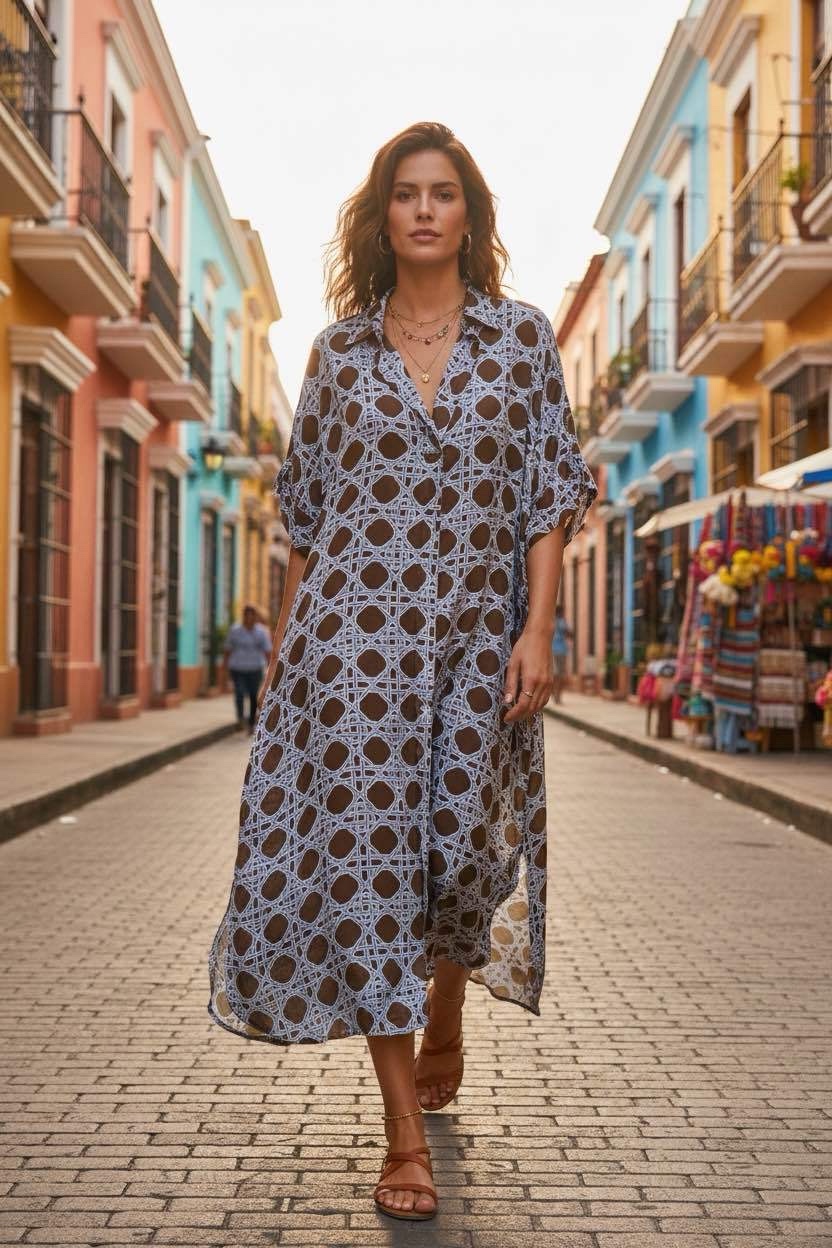 Print dress brown 80% viscose 20% silk one-size