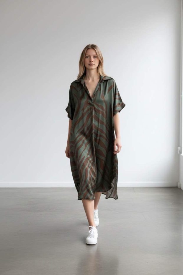 Print dress army green viscose 80% silk 20% one - size