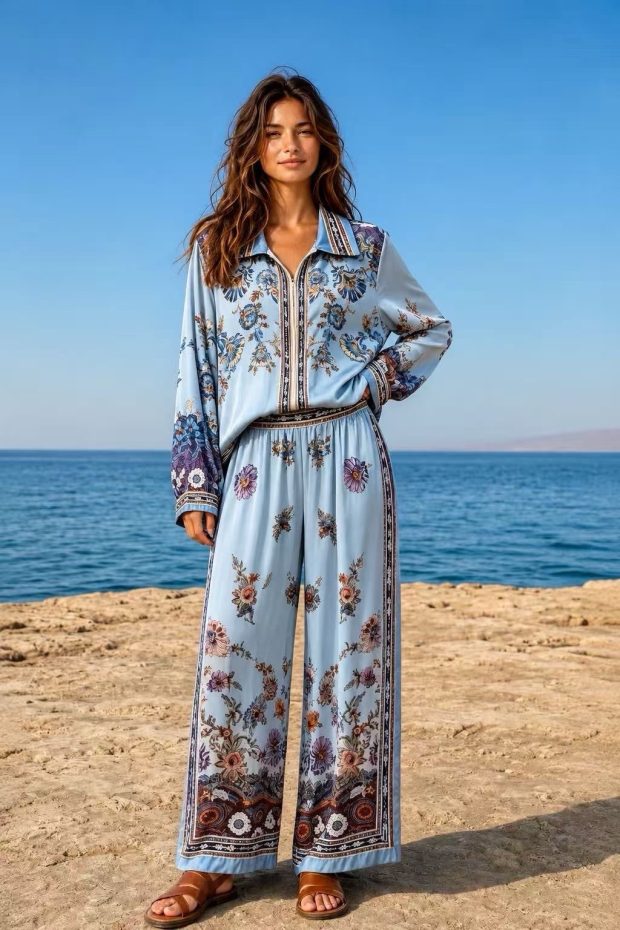 Print 2 - pieces shirt & pants light blue viscose / silk