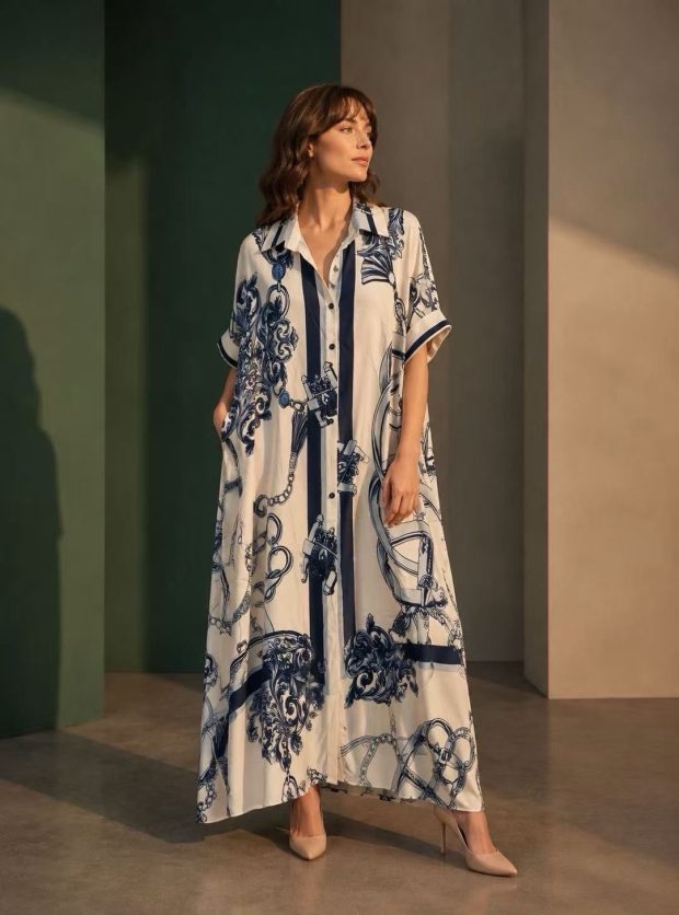 Dress off-white dark blue viscose silk