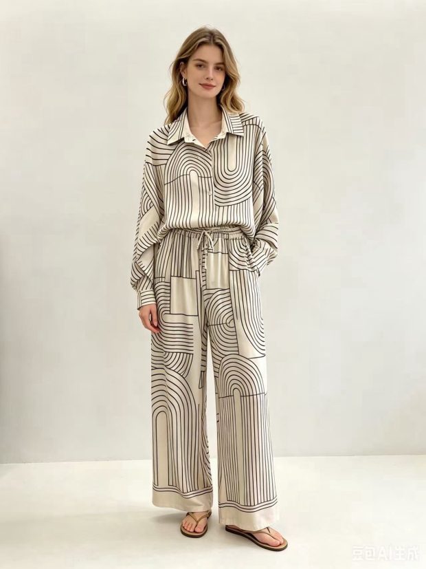 Print 2 pieces shirt & pants off-white brown
