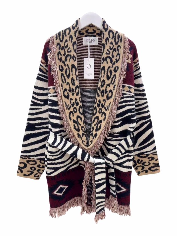 Animal long cardigan with fringes