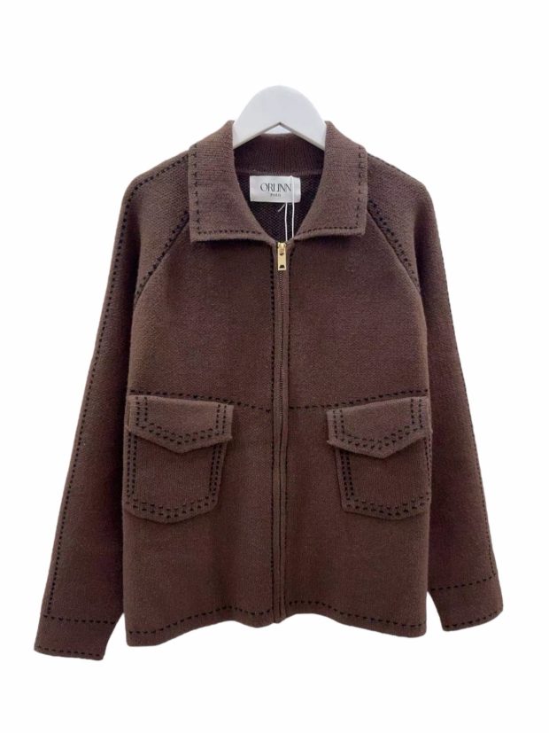 Knit jacket with topstitching and zipper - Brown, One size