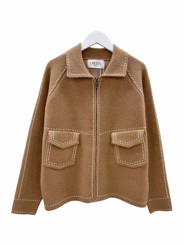 Knit jacket with topstitching and zipper - Camel, One size