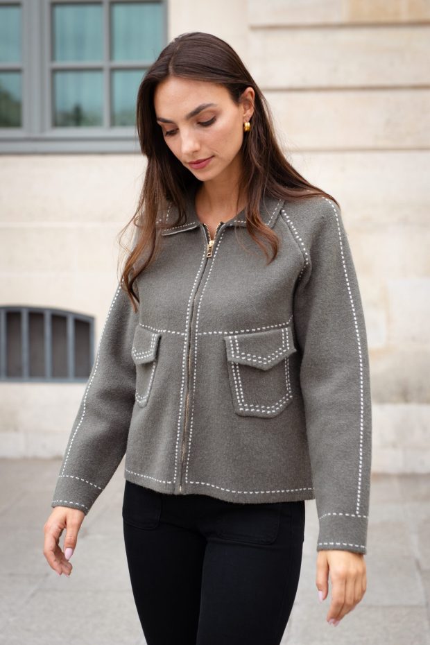 Knit jacket with topstitching and zipper - Grey, One size