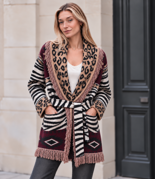 Animal long cardigan with fringes