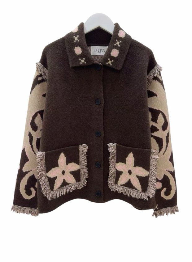 Flower jacquard knit jacket - Brown, One size