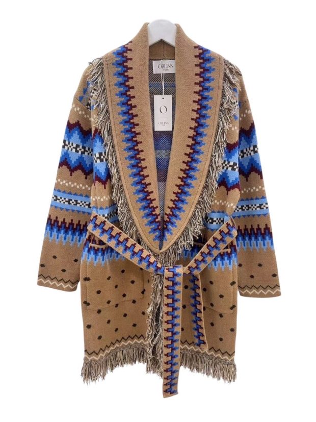 Jacquard cardigan with fringes camel and dark blue