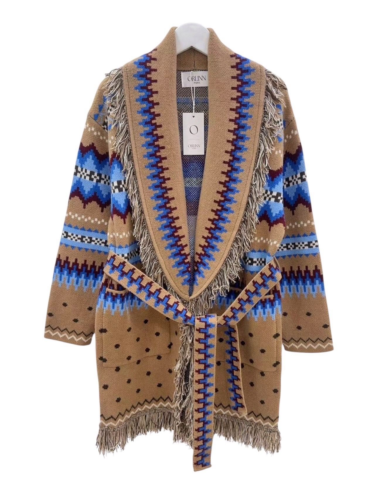 Jacquard cardigan with fringes camel and dark blue