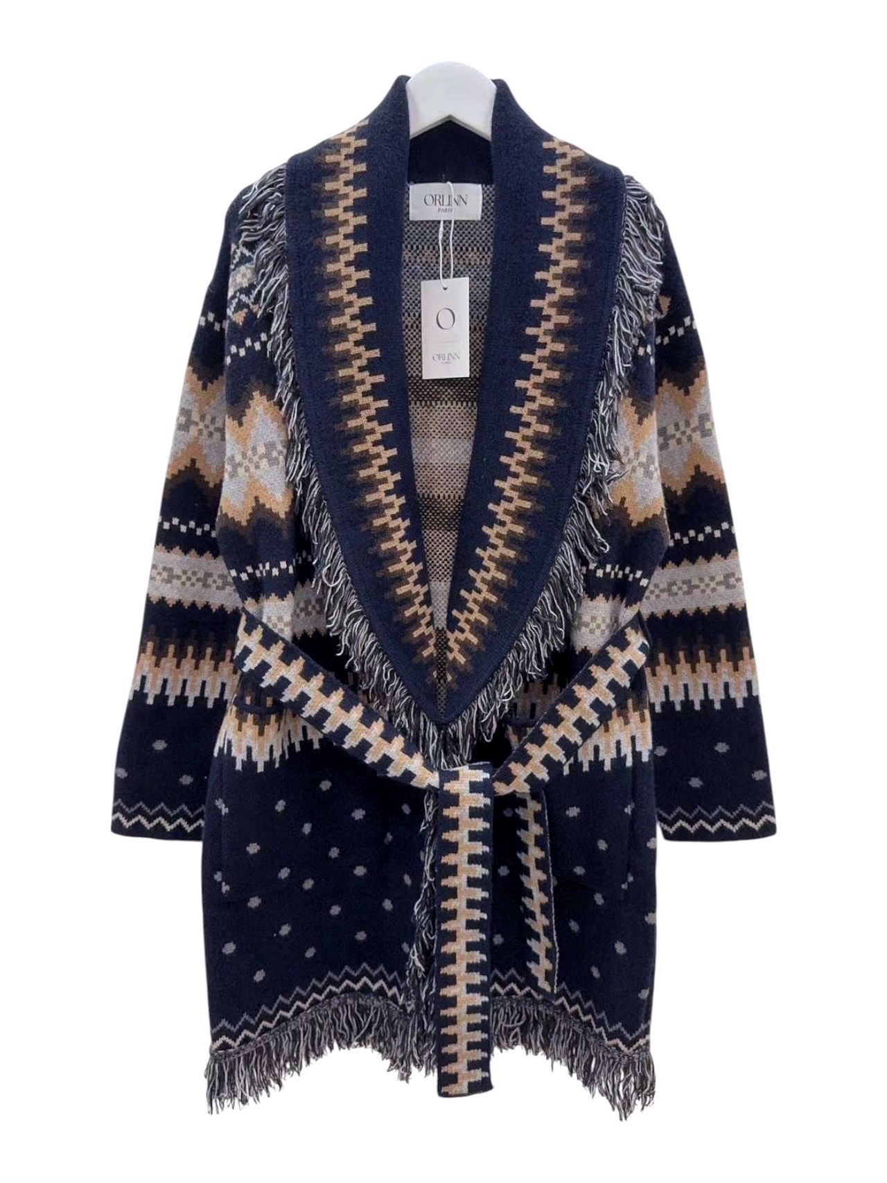 Jacquard cardigan with fringes camel and dark blue
