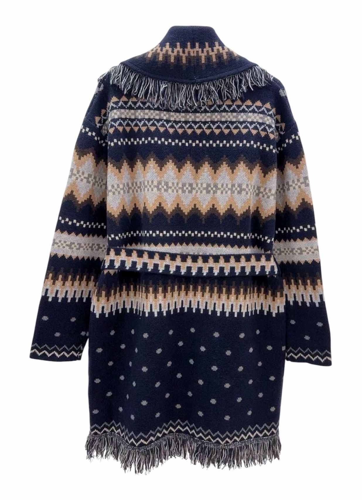 Jacquard cardigan with fringes camel and dark blue - Afbeelding 4