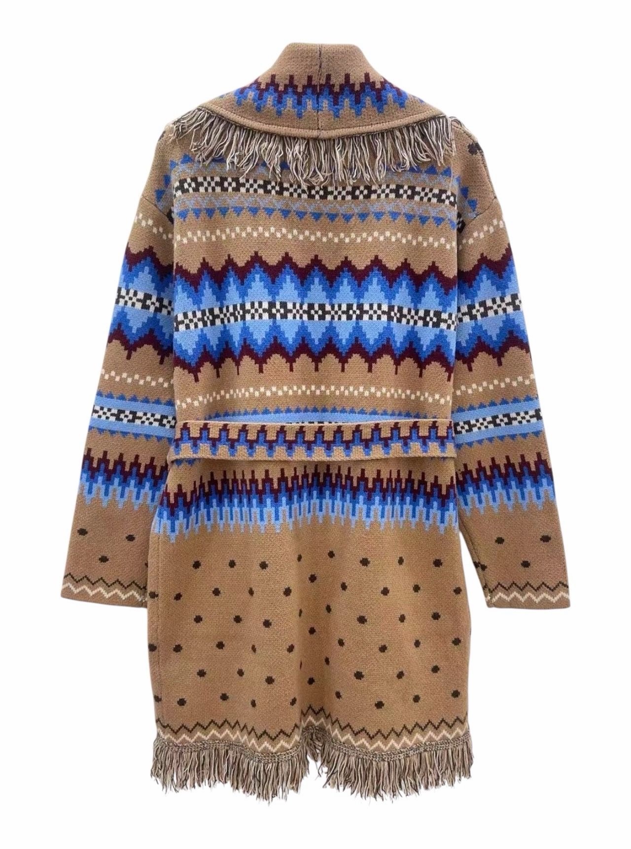 Jacquard cardigan with fringes camel and dark blue - Afbeelding 2
