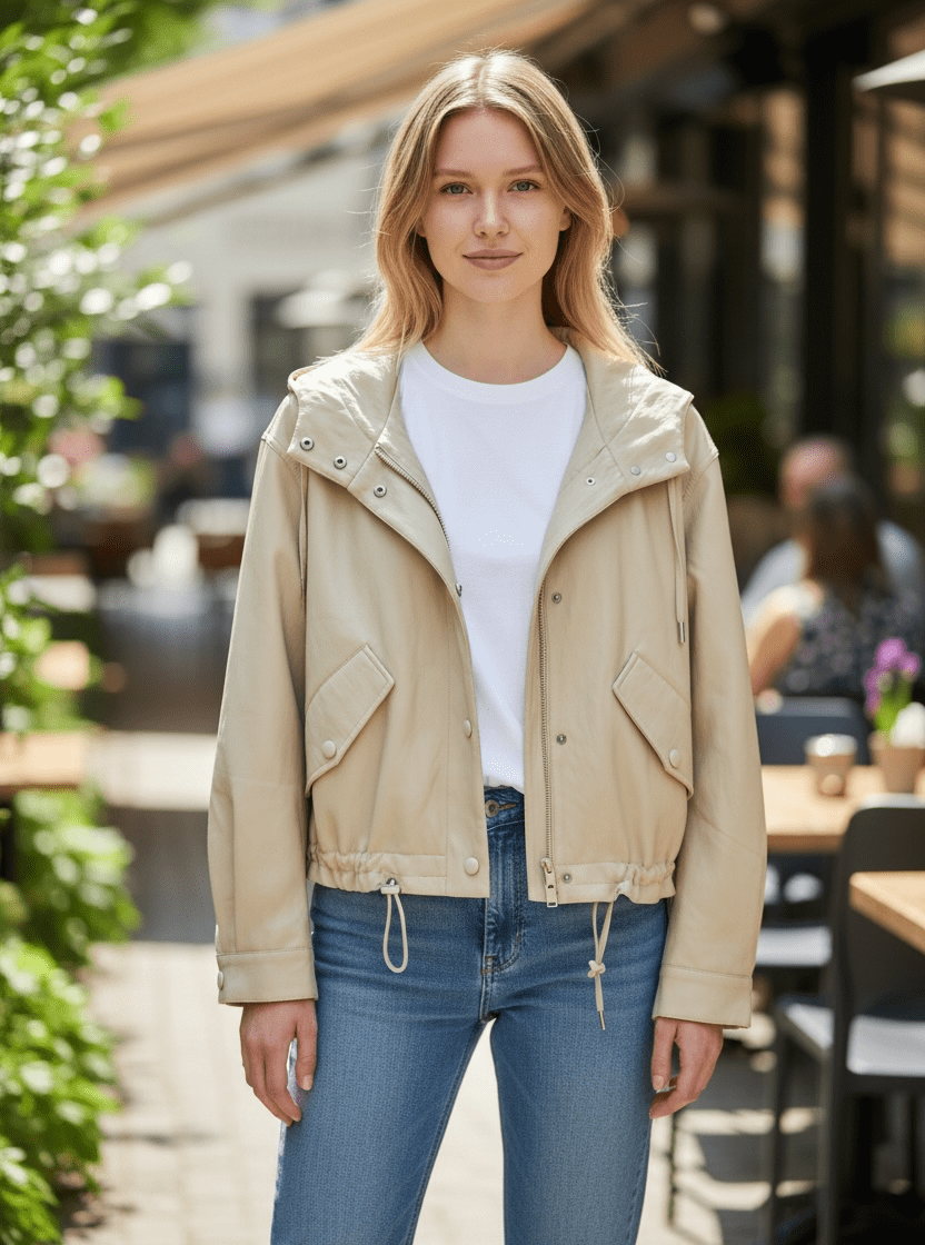 Beige vegan leer jack met capuchon