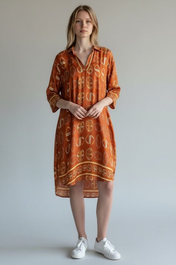 Print dress orange - one size viscose / silk