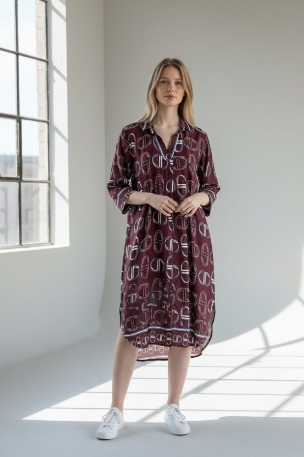 Print dress burgundy - one size viscose/ silk