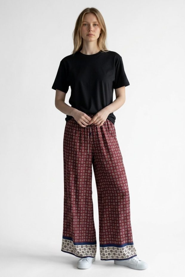 Prints pants viscose / silk burgundy
